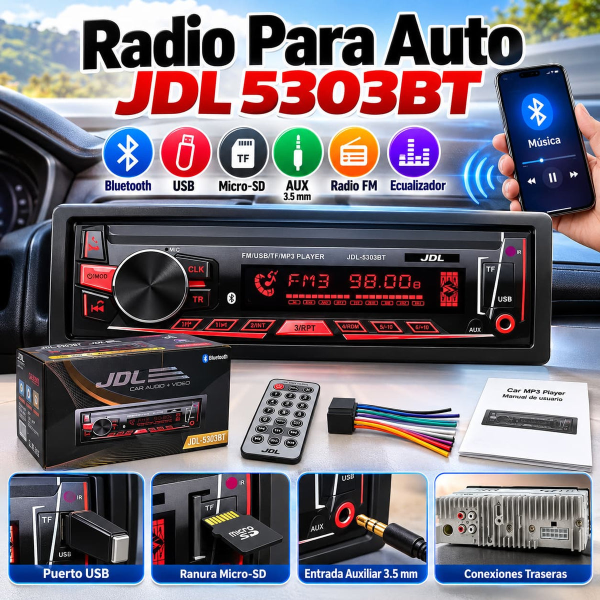 Radio para Carro JDL con Bluetooth, USB, Micro-SD y FM