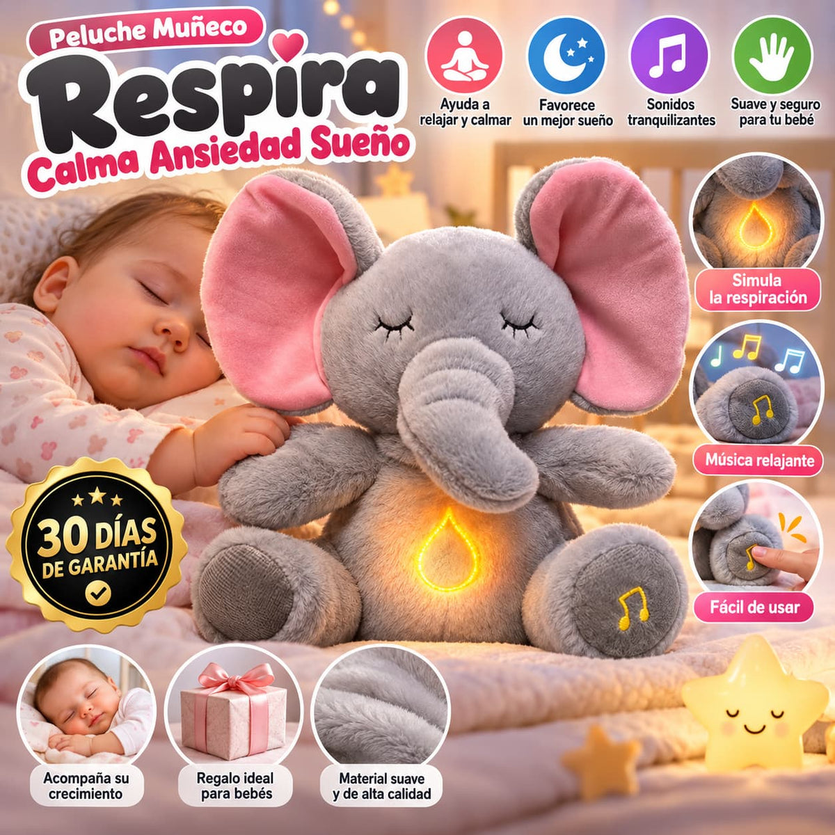 🐘 Peluche Respira y Reproduce Música | Calmante para Bebés