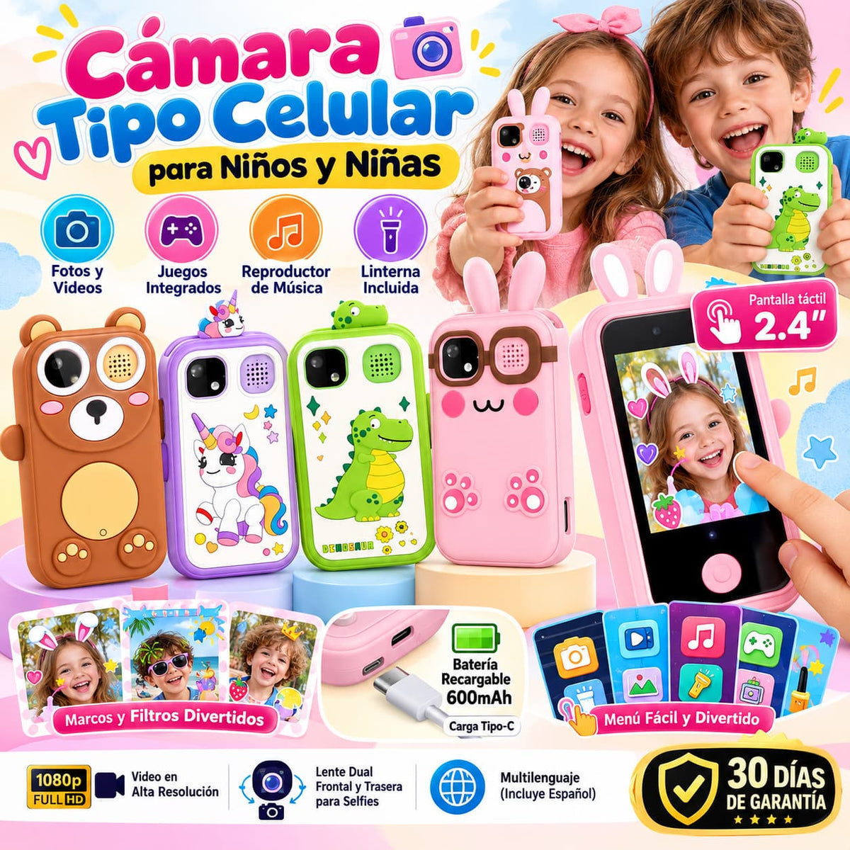 📸 Cámara Tipo Celular para Niños y Niñas con Pantalla Táctil