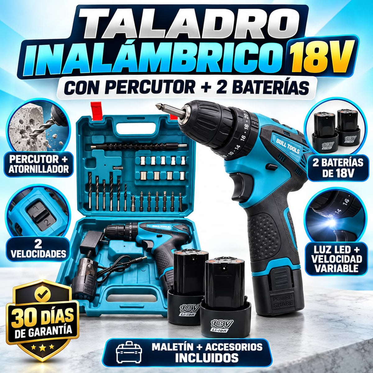 Taladro Percutor - 2 Baterías - Kit Accesorios Inalámbrico
